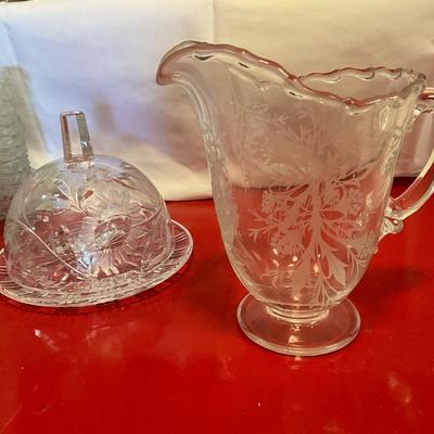 Fostoria Crystal Pitcher, Indiana Glass dishes, Breyer Crystal Cheese Ball Dish, Glasses, plus