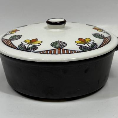 Vintage MCM Flame Chef Japan Flowers Stoneware 1.5 Quart Casserole Dish with Lid