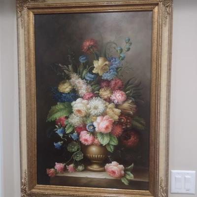 Original Framed Art on Canvas Still Life Floral Centerpiece Theme Signed by Artist