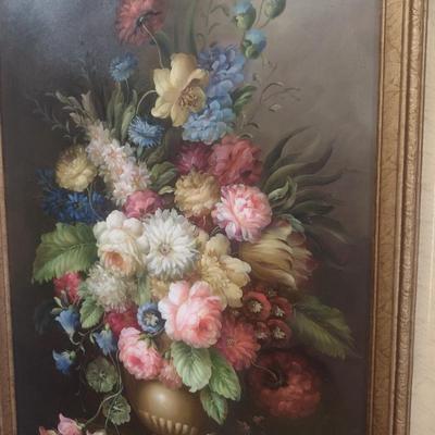 Original Framed Art on Canvas Still Life Floral Centerpiece Theme Signed by Artist