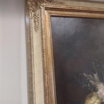 Original Framed Art on Canvas Still Life Floral Centerpiece Theme Signed by Artist