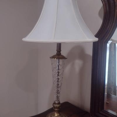 Pair of Matching Crystal Glass Post Table Lamps with Shades
