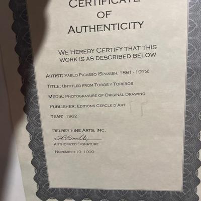 Pablo Picasso Toro Y Toreros Certificate of Authenticity