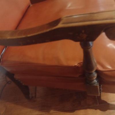 Antique Wood Framed Leather with Brass Tack Armchair