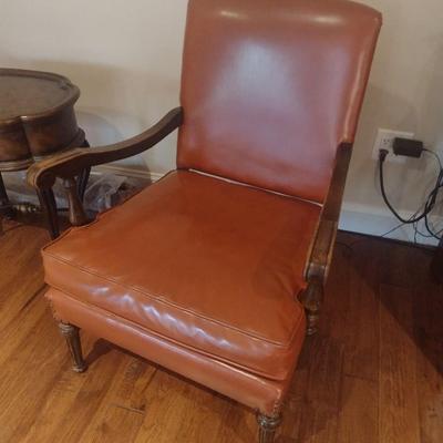 Antique Wood Framed Leather with Brass Tack Armchair