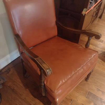 Antique Wood Framed Leather with Brass Tack Armchair