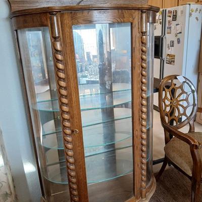 Antique Oak Curio Cabinet – Claw Feet & Spiral Columns - glass shelves - lite up display - Includes key!