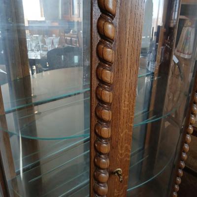 Antique Oak Curio Cabinet – Claw Feet & Spiral Columns - glass shelves - lite up display - Includes key!