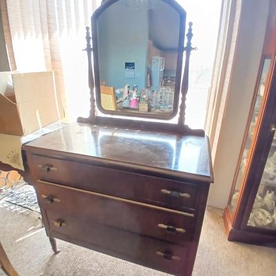 Antique Wooden Walnut Dresser with Ornate carved Mirror Swivel Mirror – 3 Drawers