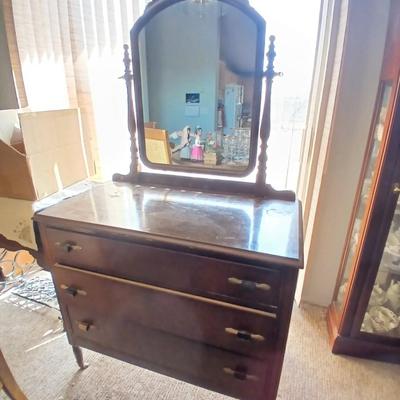 Antique Wooden Walnut Dresser with Ornate carved Mirror Swivel Mirror – 3 Drawers