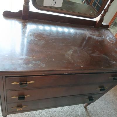 Antique Wooden Walnut Dresser with Ornate carved Mirror Swivel Mirror – 3 Drawers