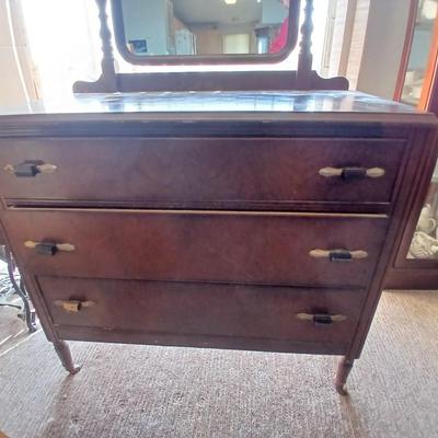 Antique Wooden Walnut Dresser with Ornate carved Mirror Swivel Mirror – 3 Drawers