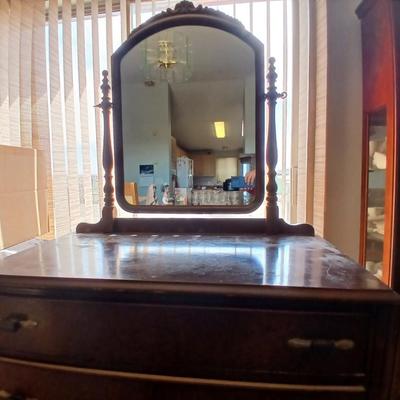 Antique Wooden Walnut Dresser with Ornate carved Mirror Swivel Mirror – 3 Drawers