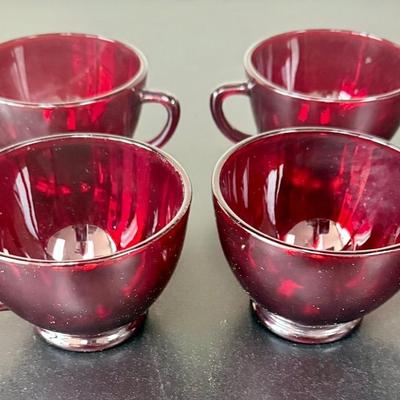 Vintage Anchor Hocking Royal Ruby Red and Forest Green Depression Glass Cups Set of 8