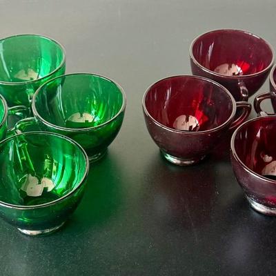 Vintage Anchor Hocking Royal Ruby Red and Forest Green Depression Glass Cups Set of 8