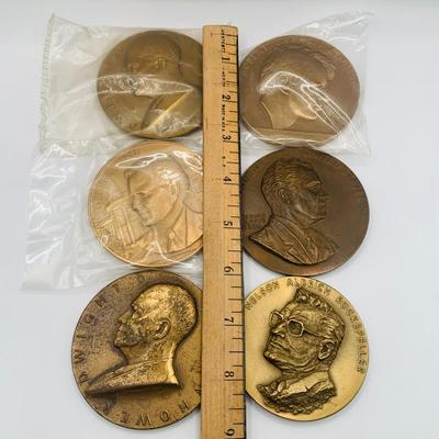 LOT 298: Collection of Six (6) Bronze Medals/Tokens - Dwight Eisenhower (2), George Bush, Robert F Kennedy, Nelson Rockefeller, and...