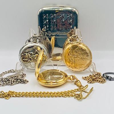 LOT 300: Collection of Vintage Pockets Watches by Benus, Rene Pavot, & Majestron and Vintage Large Sportsman Lighter from Japan