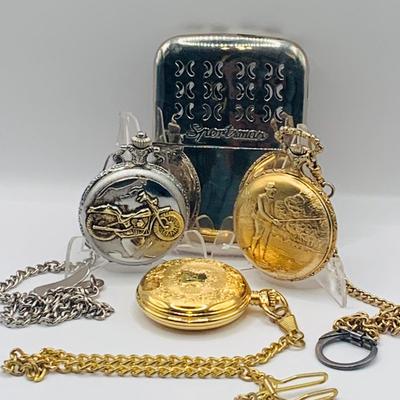 LOT 300: Collection of Vintage Pockets Watches by Benus, Rene Pavot, & Majestron and Vintage Large Sportsman Lighter from Japan