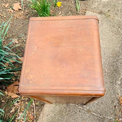 LOT 319: Art Deco Waterfall Style Wooden Night Stand/ Side Table and Vintage Anniversary Clock