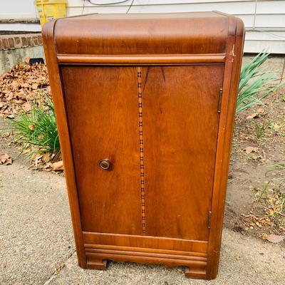 LOT 319: Art Deco Waterfall Style Wooden Night Stand/ Side Table and Vintage Anniversary Clock