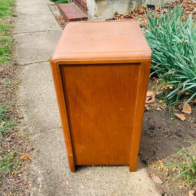 LOT 319: Art Deco Waterfall Style Wooden Night Stand/ Side Table and Vintage Anniversary Clock