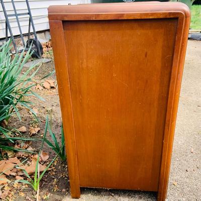 LOT 319: Art Deco Waterfall Style Wooden Night Stand/ Side Table and Vintage Anniversary Clock