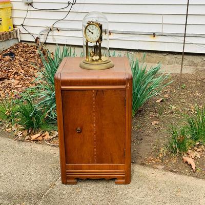 LOT 319: Art Deco Waterfall Style Wooden Night Stand/ Side Table and Vintage Anniversary Clock