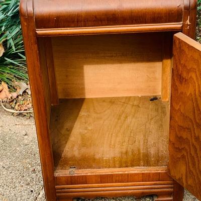 LOT 319: Art Deco Waterfall Style Wooden Night Stand/ Side Table and Vintage Anniversary Clock
