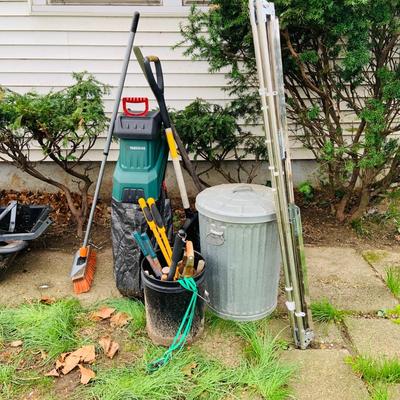LOT 321: Lawn Care Tool and Supplies Including a Parkside Model PMH 2400 A2 Electric Chipper/Shredder, Metal Trash Can with Lid Tools and...