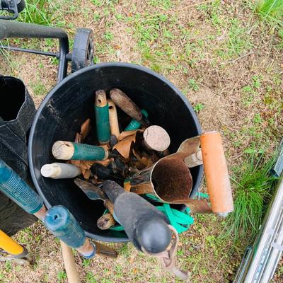 LOT 321: Lawn Care Tool and Supplies Including a Parkside Model PMH 2400 A2 Electric Chipper/Shredder, Metal Trash Can with Lid Tools and...