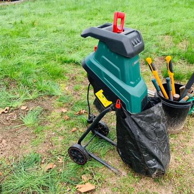 LOT 321: Lawn Care Tool and Supplies Including a Parkside Model PMH 2400 A2 Electric Chipper/Shredder, Metal Trash Can with Lid Tools and...