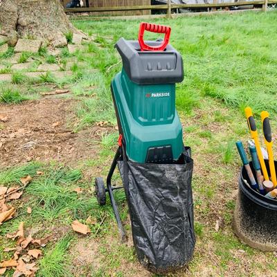 LOT 321: Lawn Care Tool and Supplies Including a Parkside Model PMH 2400 A2 Electric Chipper/Shredder, Metal Trash Can with Lid Tools and...