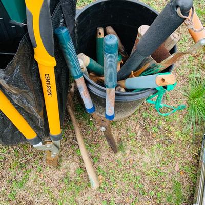 LOT 321: Lawn Care Tool and Supplies Including a Parkside Model PMH 2400 A2 Electric Chipper/Shredder, Metal Trash Can with Lid Tools and...
