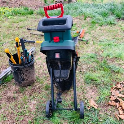 LOT 321: Lawn Care Tool and Supplies Including a Parkside Model PMH 2400 A2 Electric Chipper/Shredder, Metal Trash Can with Lid Tools and...