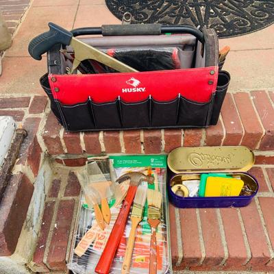 LOT 322 Huskey Open Tote Tool Bag and Assorted Tools and Unopened Painting Pan and Paint Brushes