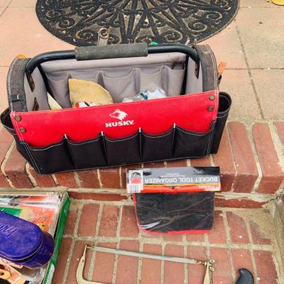 LOT 322 Huskey Open Tote Tool Bag and Assorted Tools and Unopened Painting Pan and Paint Brushes
