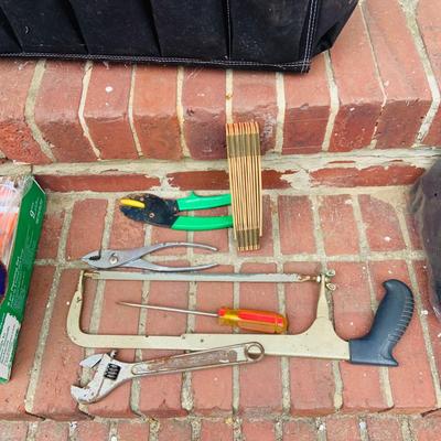 LOT 322 Huskey Open Tote Tool Bag and Assorted Tools and Unopened Painting Pan and Paint Brushes