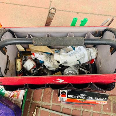 LOT 322 Huskey Open Tote Tool Bag and Assorted Tools and Unopened Painting Pan and Paint Brushes