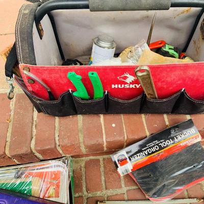 LOT 322 Huskey Open Tote Tool Bag and Assorted Tools and Unopened Painting Pan and Paint Brushes