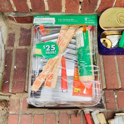 LOT 322 Huskey Open Tote Tool Bag and Assorted Tools and Unopened Painting Pan and Paint Brushes