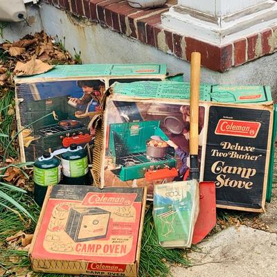 LOT 323: Coleman Camping Stoves and Oven and Other Camping Tools