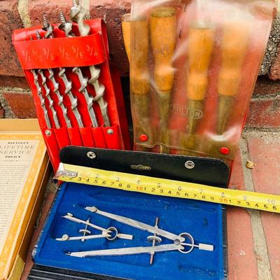 LOT 352: Dietzgen Drafting Set (not complete) Drill Bits, Fulton Carving Tools, Hand Crank Grinder, Clamp and Level