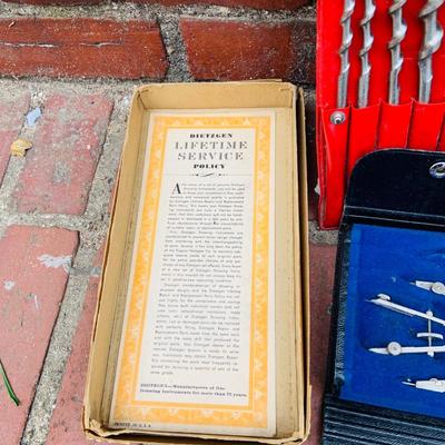 LOT 352: Dietzgen Drafting Set (not complete) Drill Bits, Fulton Carving Tools, Hand Crank Grinder, Clamp and Level