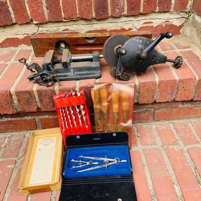 LOT 352: Dietzgen Drafting Set (not complete) Drill Bits, Fulton Carving Tools, Hand Crank Grinder, Clamp and Level