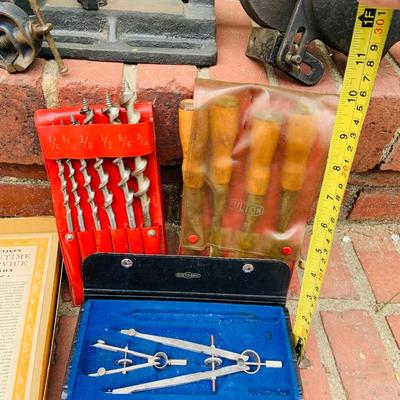 LOT 352: Dietzgen Drafting Set (not complete) Drill Bits, Fulton Carving Tools, Hand Crank Grinder, Clamp and Level