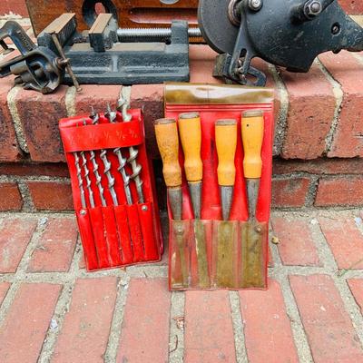 LOT 352: Dietzgen Drafting Set (not complete) Drill Bits, Fulton Carving Tools, Hand Crank Grinder, Clamp and Level