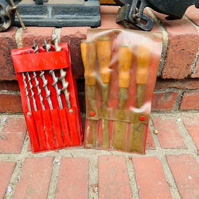 LOT 352: Dietzgen Drafting Set (not complete) Drill Bits, Fulton Carving Tools, Hand Crank Grinder, Clamp and Level