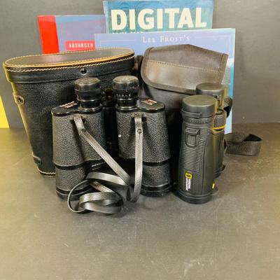 LOT 394: Assortment of Digital Cameras, Binoculars, Books and More