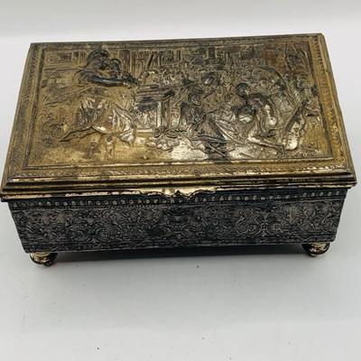 LOT 397: Antique Metal Jewelry Box with Roman Soldiers and Assortment of Watches