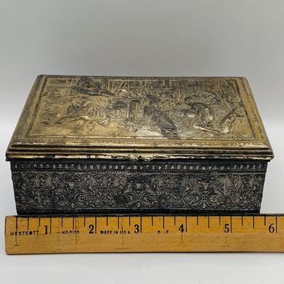LOT 397: Antique Metal Jewelry Box with Roman Soldiers and Assortment of Watches